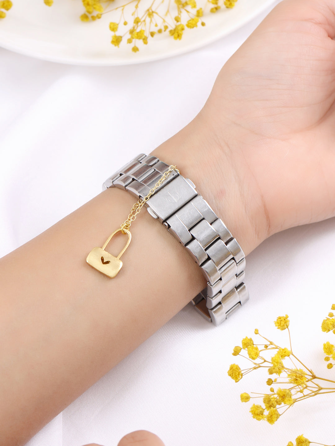 Heart Lock Watch Chain Charm - Golden