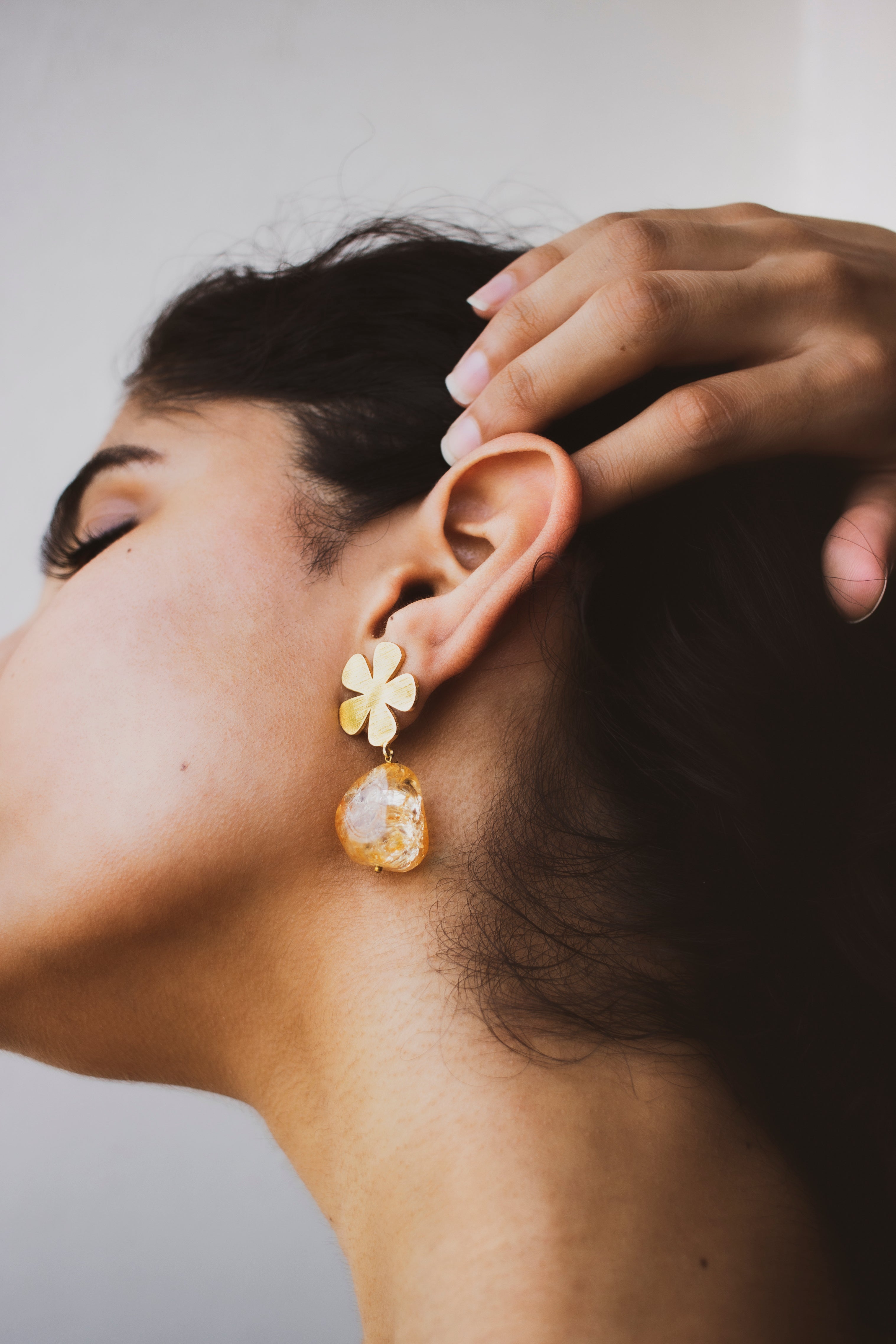 Yellow Stone Stud with Golden Drop Earrings by Kista | The Secret Label